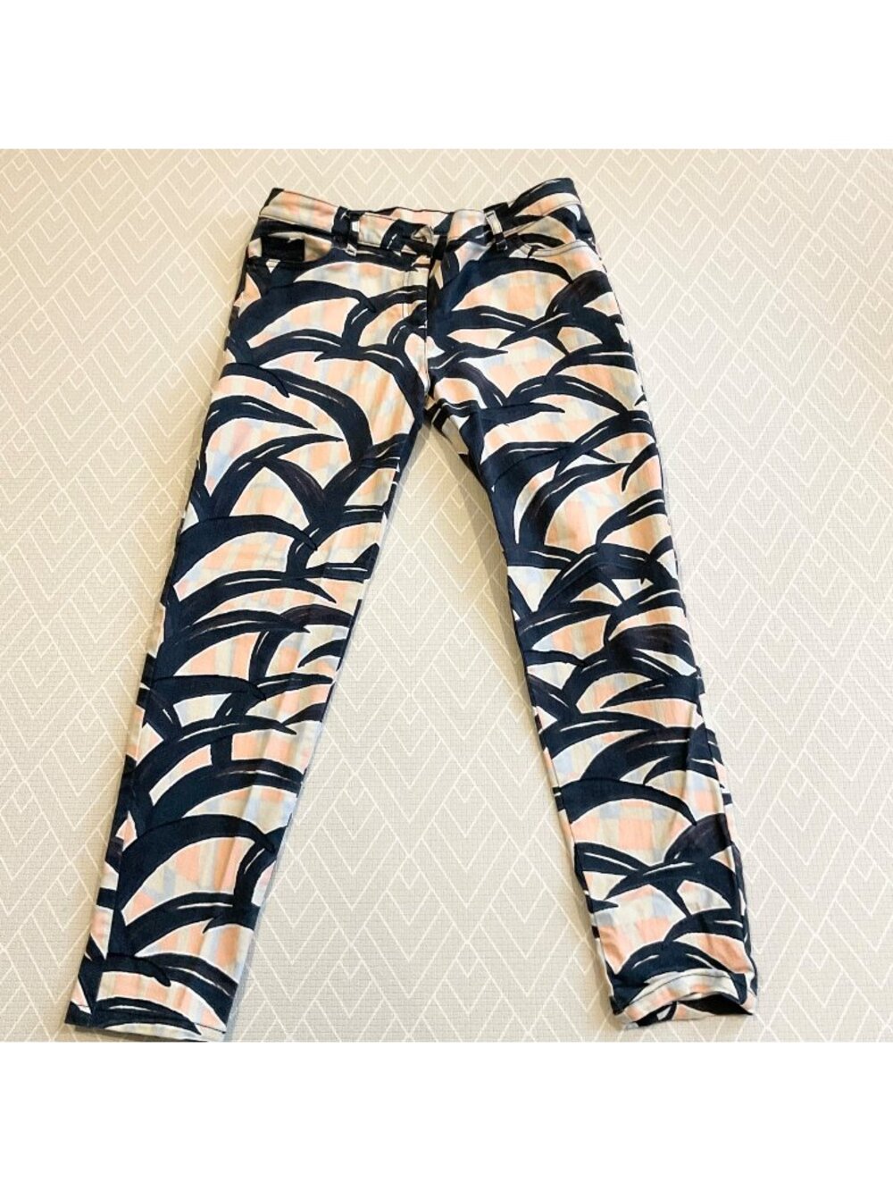 KENZO leaves print cotton trouser pants navy blue coral SZ40 waist 30in